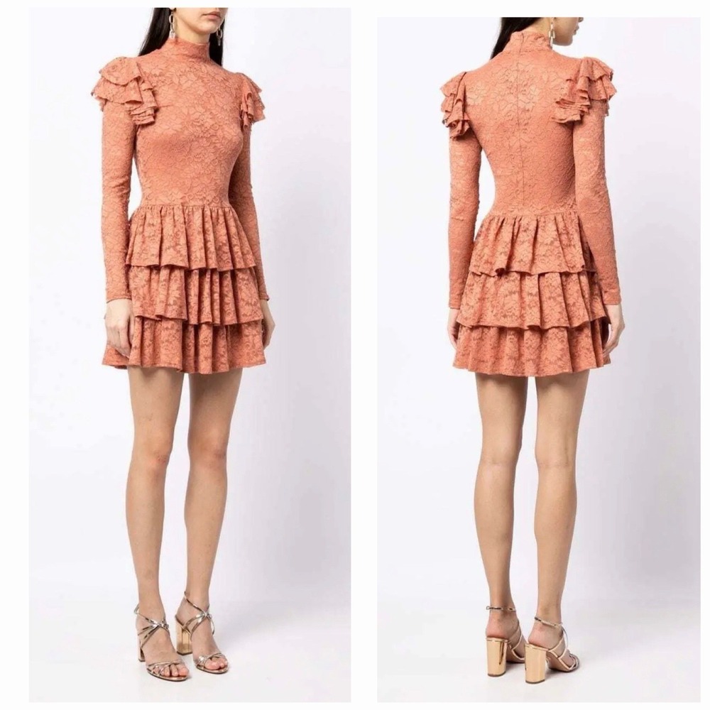 NEW CAROLINE CONSTAS Emily Tiered-Ruffle Lace Mini Dress Cork  Rust Women's XXS